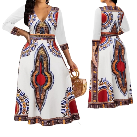 Utopia Africa Designs Dresses & Skirts - Gorgeous Multicolored Stretchy Ankara Print Maxi Dress With 3/4 Sleeve
